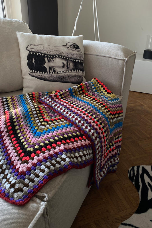 70s Häckeldecke Wolle - Vintage Handgefertigte Patchworkdecke