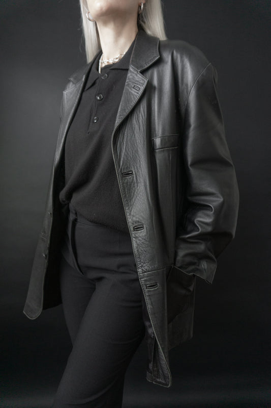 Oversize Lederblazer Schwarz - theplaincircle vintage