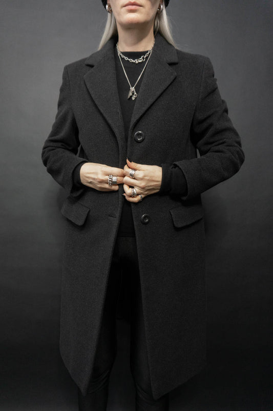 Mantel Minimal Anthrazit Wolle Kaschmir, M-L - theplaincircle vintage