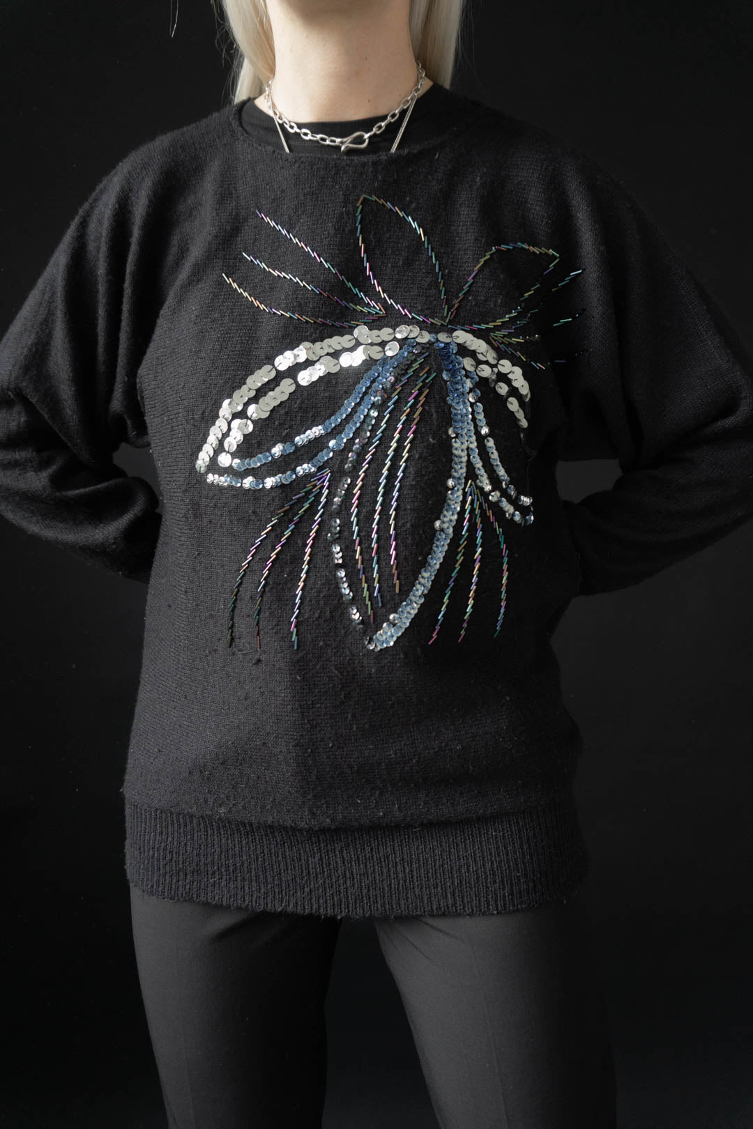 80s Pullover Pailetten Schwarz - theplaincircle vintage