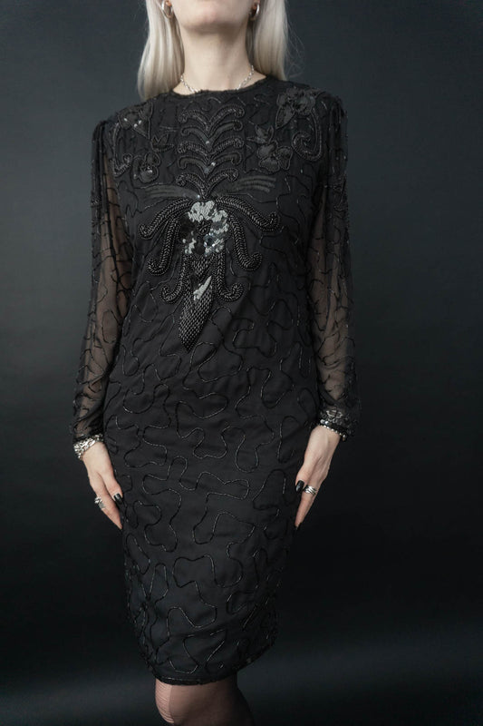 Vintage Goth Pailettenkleid Schwarz 80s 80er