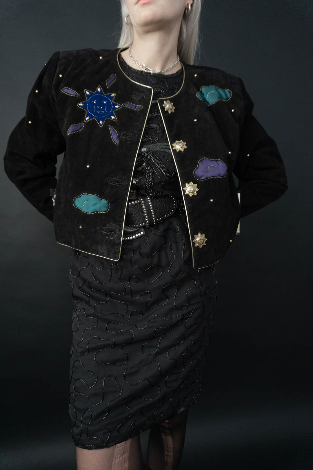 Vintage Goth Pailettenkleid Schwarz 80s 80er Lederjacke