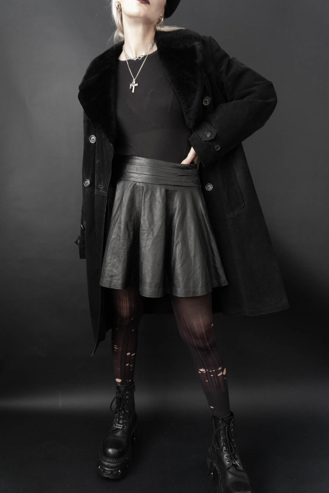 Ledermantel Fake Fur Schwarz - theplaincircle vintage