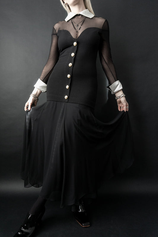 Vintage Maxikleid mit Mesh – 80s Gothic Abendkleid