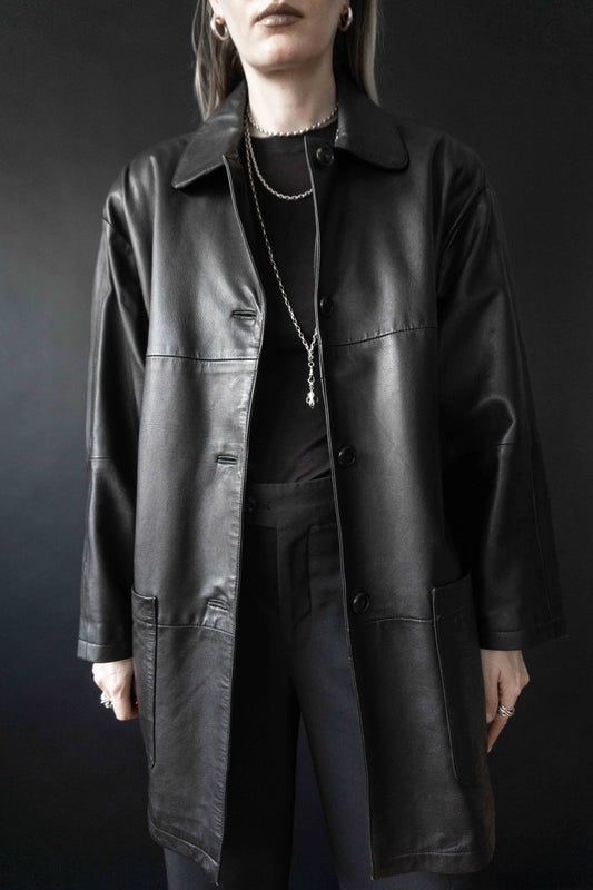 Vintage Ledermantel Schwarz Oversized Minimalistisch