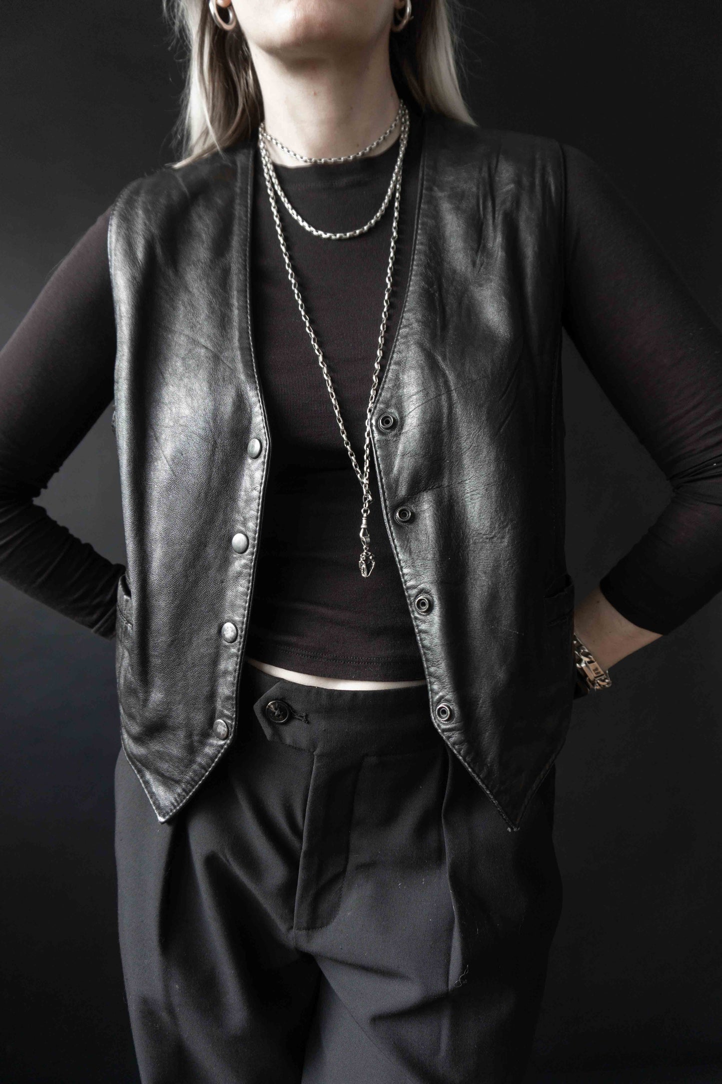 Vintage Lederweste 80s Schwarz, M–L theplaincircle vintage