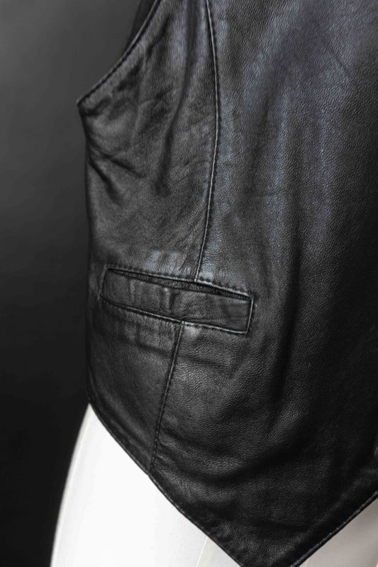 Vintage 80s Lederweste Schwarz Oversized Silberne Hardware