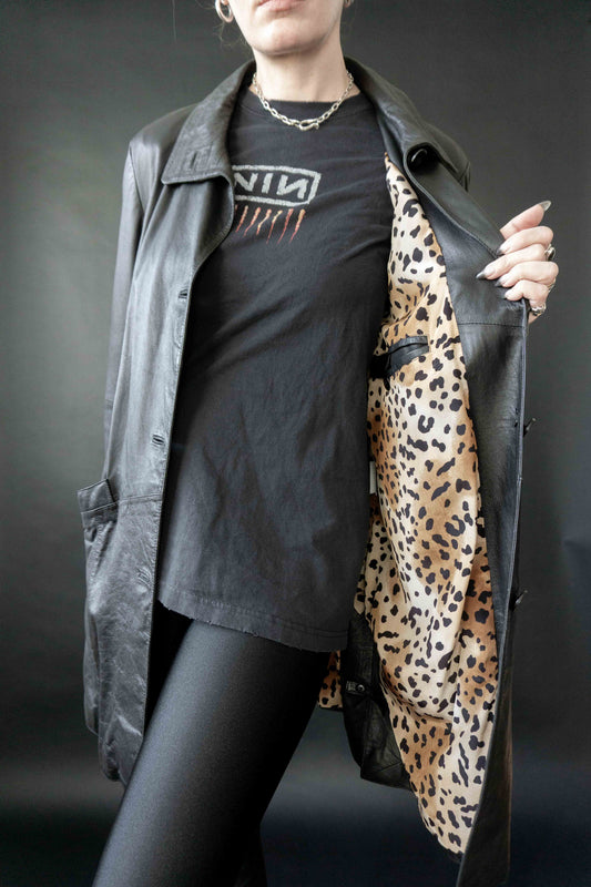 Vintage Ledermantel mit weichem Leder & Leopardenfutter – Retro Mäntel Damen