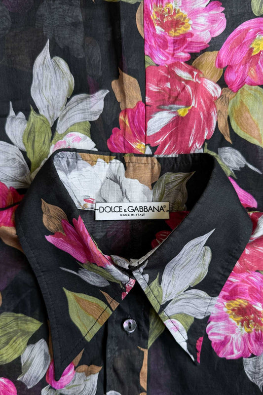 Dolce & Gabbana Vintage-Bluse mit Blumenmuster auf schwarzem Grund