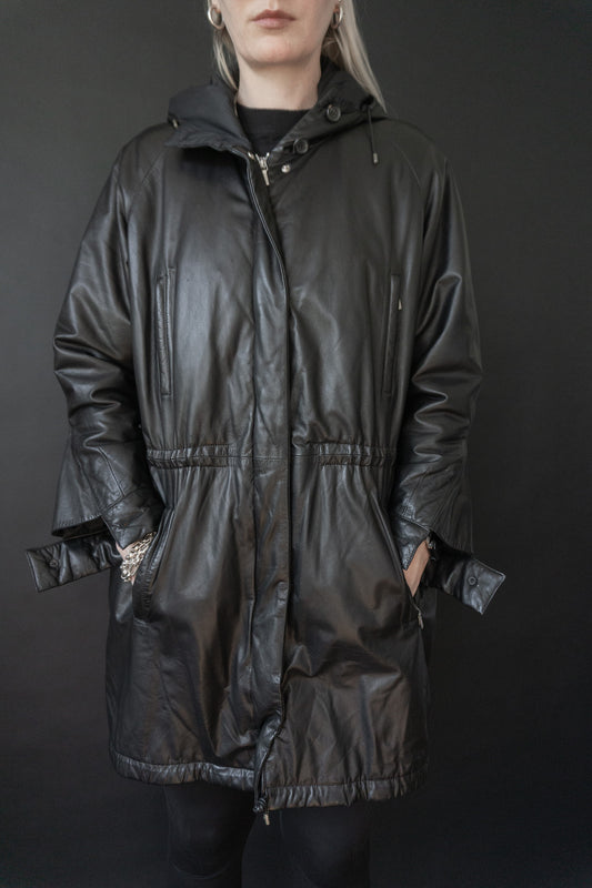 Eleganter Vintage Jil Sander Ledermantel in Schwarz