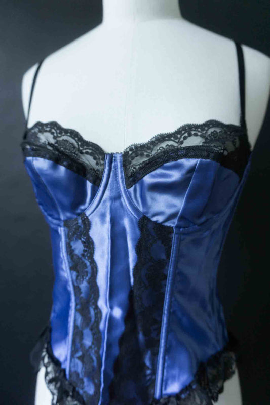 Vintage 80s Corsagen-Top in Saphirblau mit Schwarzer Spitze, S–M