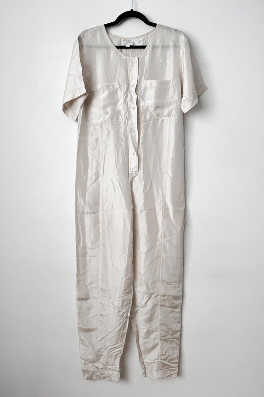 Vintage 80s Seiden Jumpsuit, Creme mit Taillengürtel, XS–S