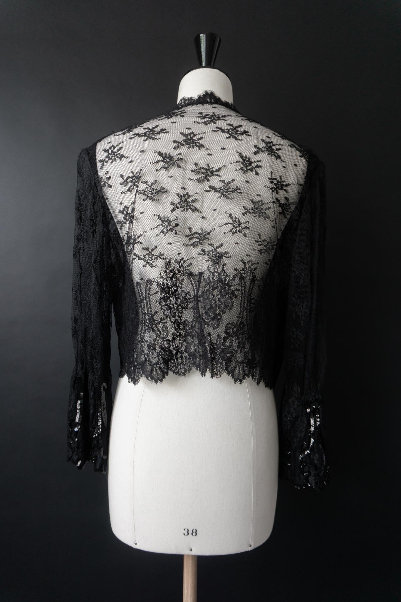 Vintage Spitzen-Bolero aus schwarzer Spitze mit Paillettenmanschetten, S–M