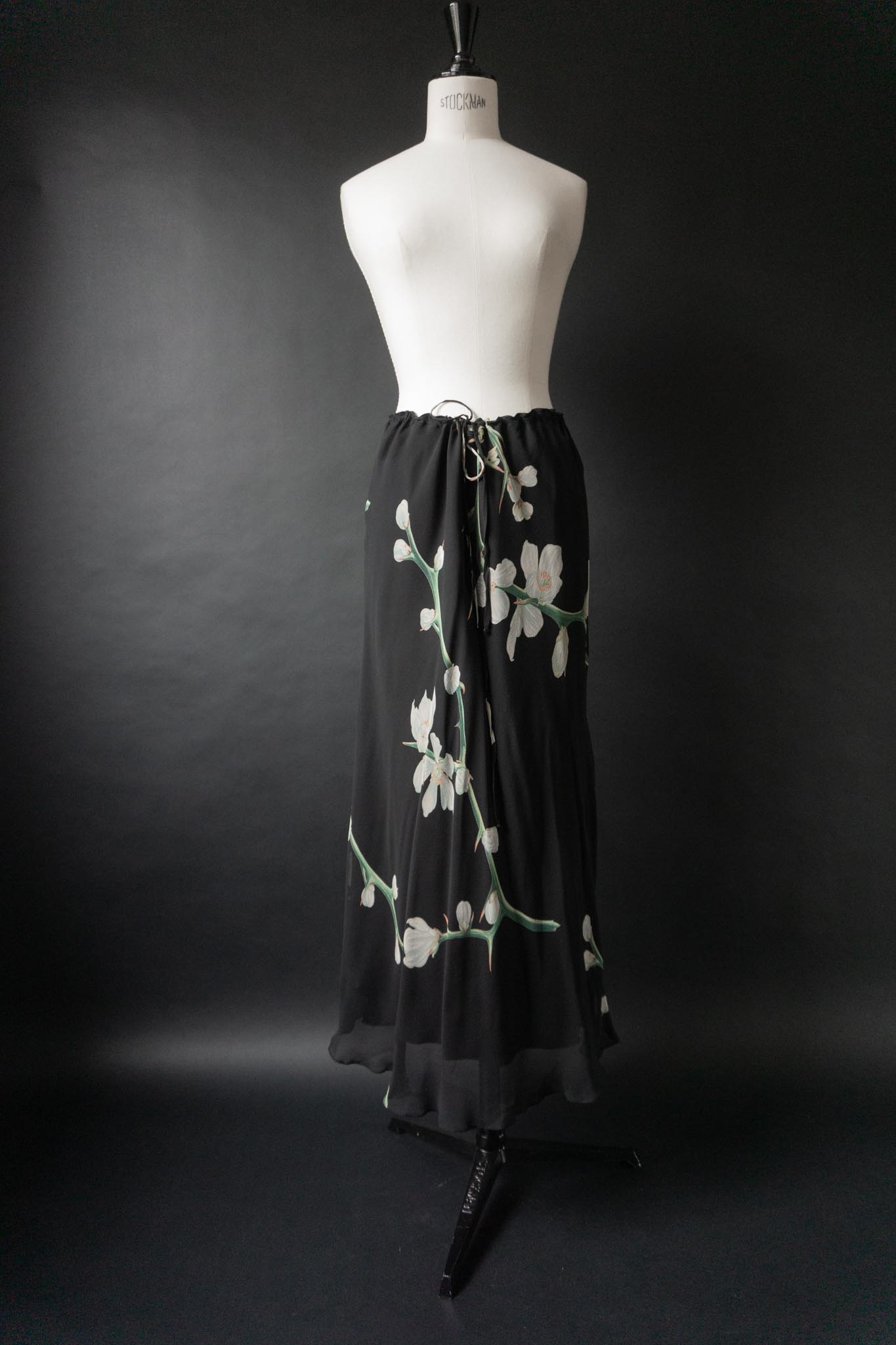 Vintage 90s Midirock, Seide, Orchideen, M–XL