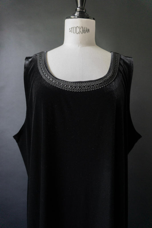 Vintage Samt-Maxikleid mit Ornamentborte, XL–XL