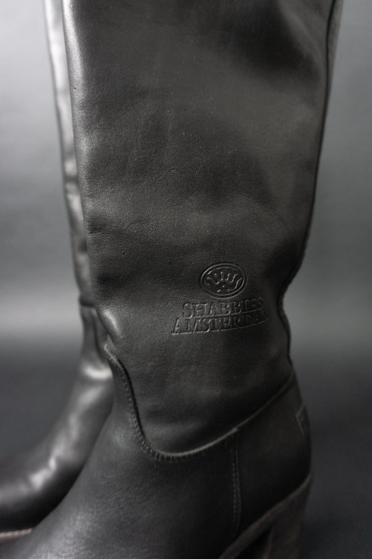 Shabbies Amsterdam Vintage Lederstiefel aus Echtleder – schwarzer Slouch Boot, 41
