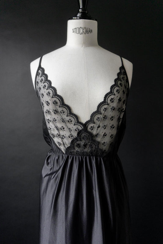 Vintage Slipdress, Maxi, Spitze & Satin, L–XL