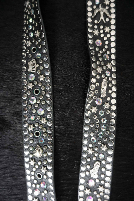 80er Kolster Style Gürtel schwarzes Leder dezente Regenbogen-Strasssteine silberweißer Schimmer 13-Niete Schnalle