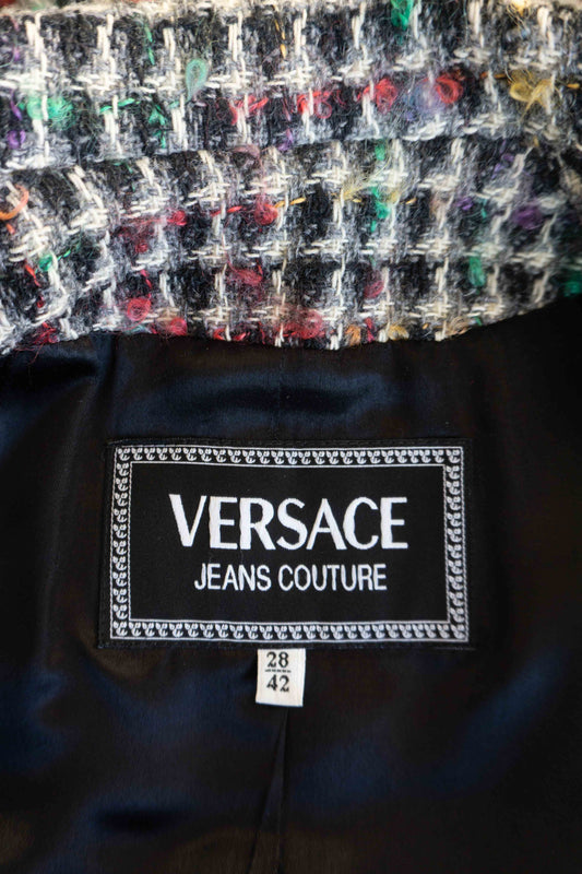 Vintage Versace Jeans Couture Bouclé Kostüm Blazer und Rock mit Medusa Knöpfen