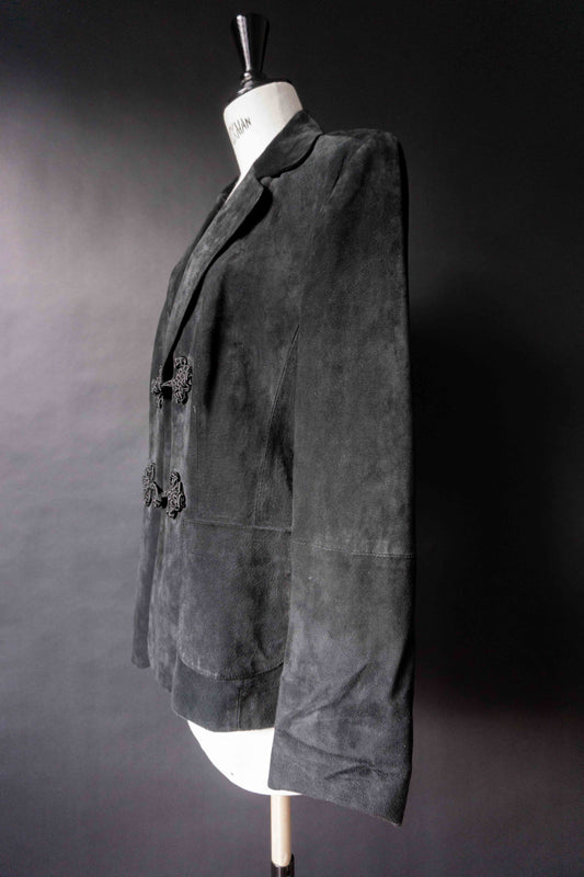 Schwarze Wildlederjacke Vintage 90er – Suede Jacket mit Mandarin-Verschluss, M–L theplaincircle vintage