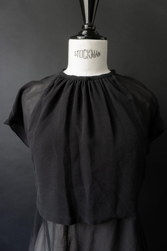 Vintage Karl Lagerfeld Seidenbluse in Schwarz mit transparentem Layer, S–M