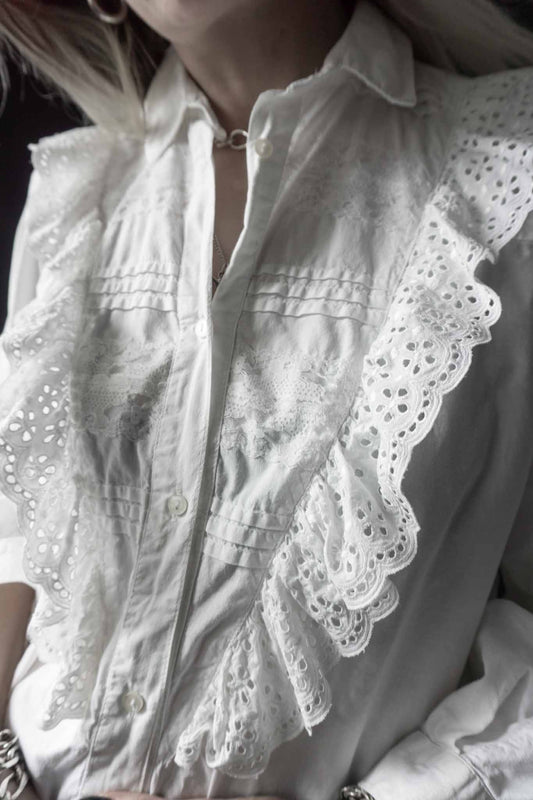 Weiße 80s Vintage Bluse mit Rüschen