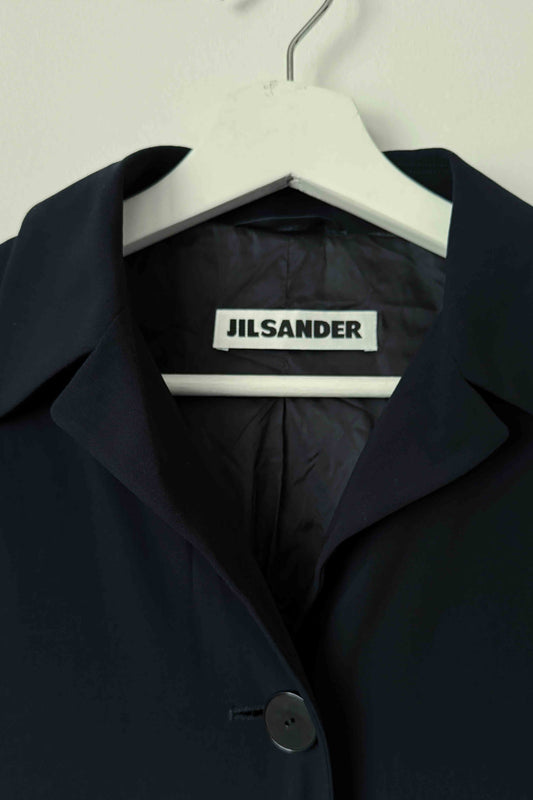 Dunkelblauer Vintage Jil Sander Mantel aus Wolle, minimalistisch geschnitten