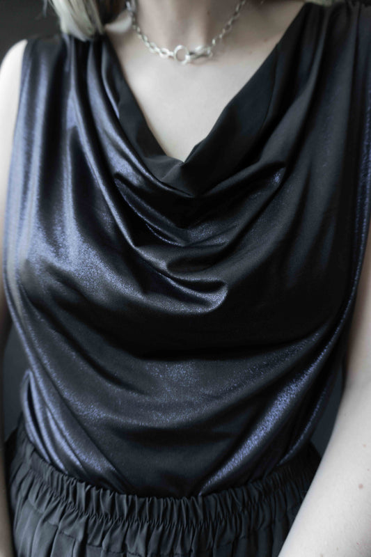 Glitzerndes Wasserfall-Top in Schwarz-Blau aus den 90ern