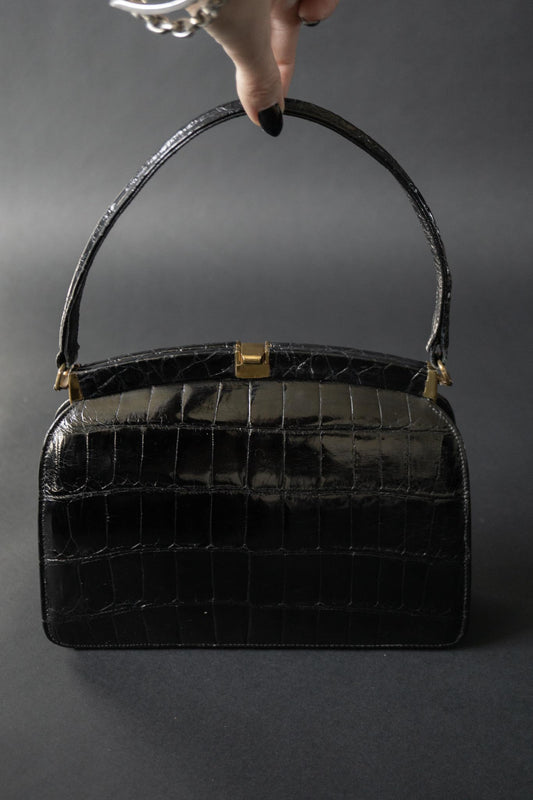 Schwarze Vintage Shoulderbag in Kroko-Struktur mit kurzem Riemen