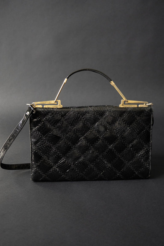 Vintage Schultertasche, Schwarz Kroko, 70s theplaincircle vintage