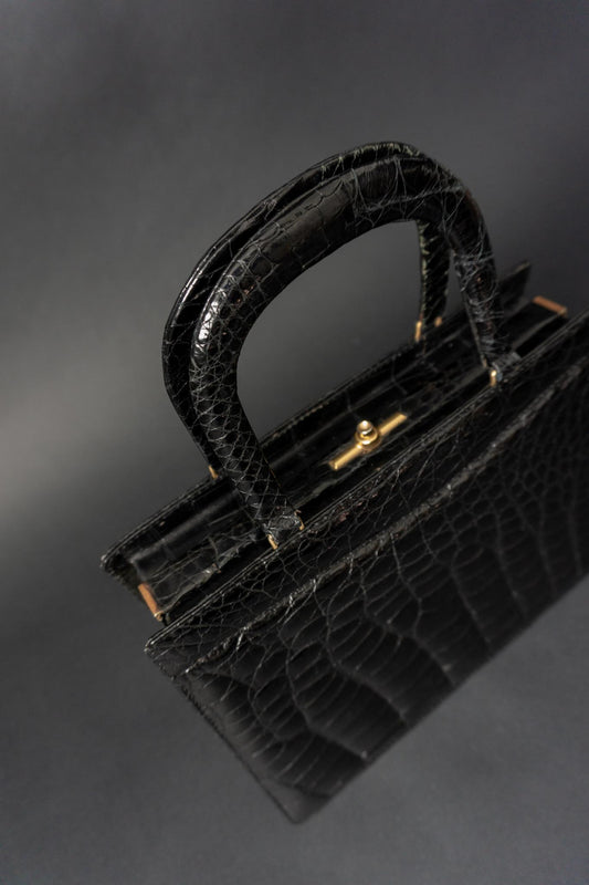 Schwarze Vintage Handtasche in Kroko-Optik mit Henkelgriff
