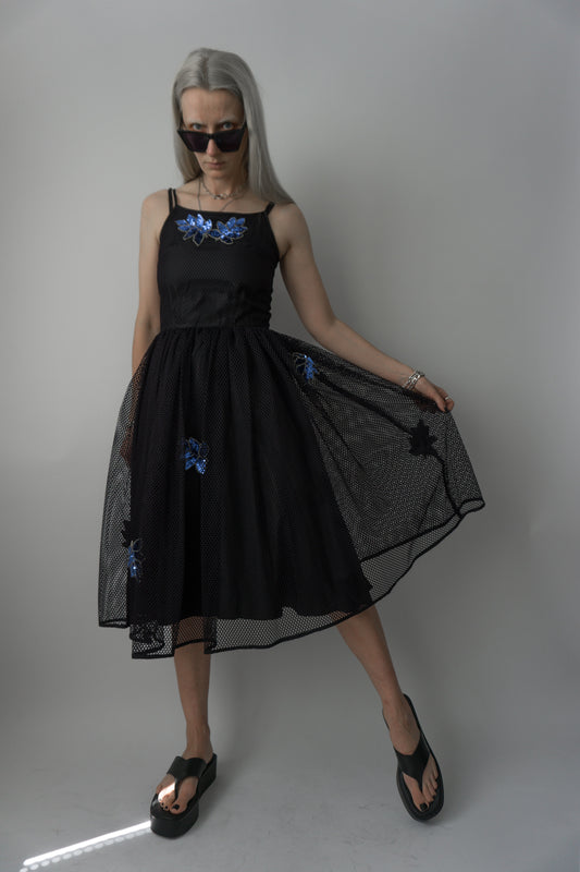 Midikleid Schwarz Mesh Pailetten - theplaincircle vintage