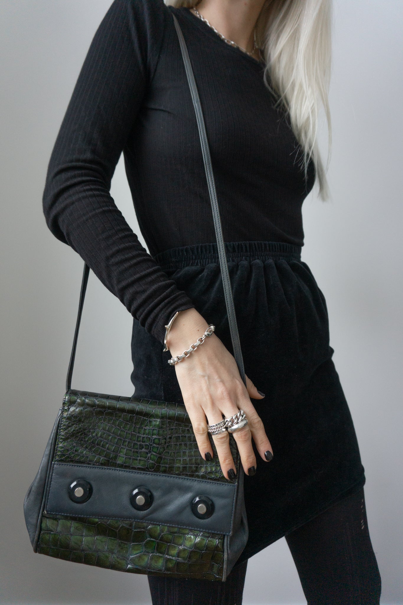 Tasche Leder Navy Grün Kroko - theplaincircle vintage