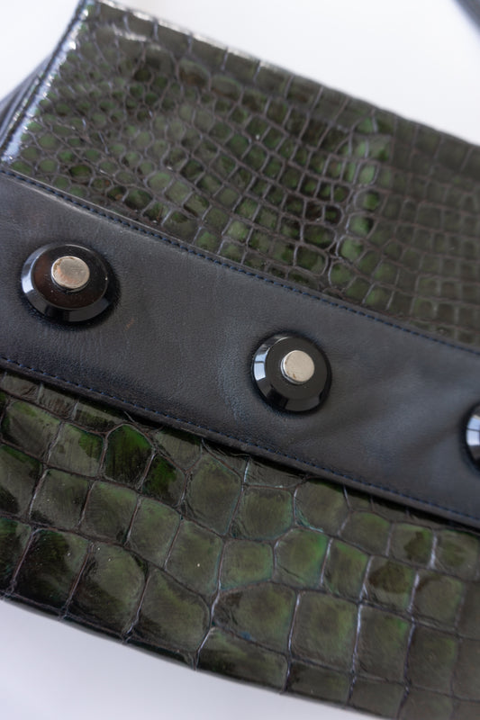 Tasche Leder Navy Grün Kroko - theplaincircle vintage