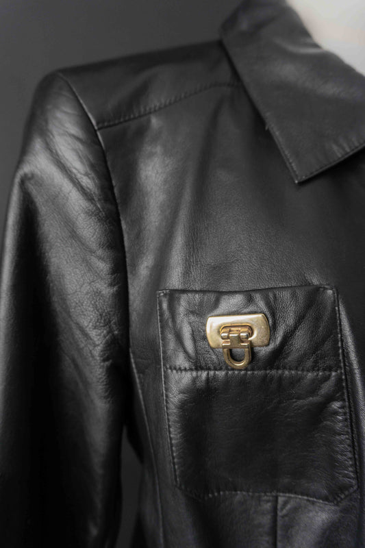 Schwarzer Vintage Lederblazer aus Lammnappa mit goldener Hardware