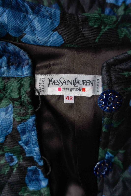 Vintage YSL Blazer mit blau-grünem Blumenmuster & Porzellanknöpfen – Secondhand Designermode