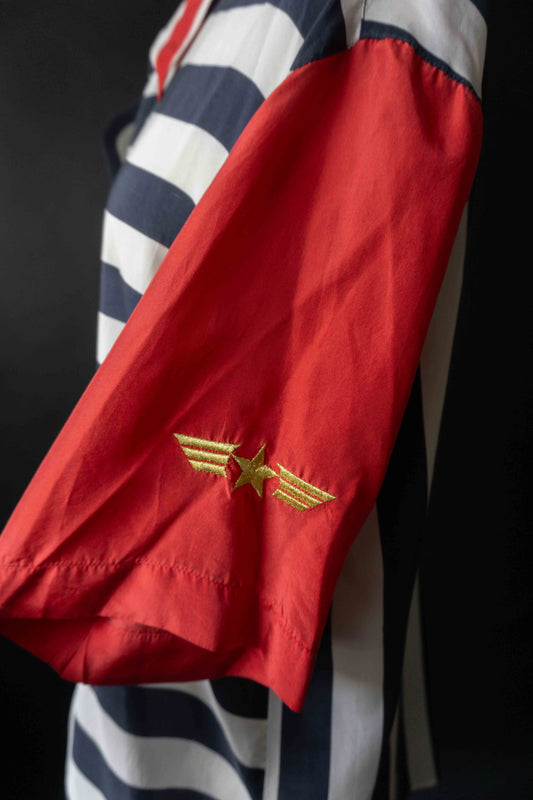 Vintage 80s Bluse Seide Blau Weiß Rot Goldene Details