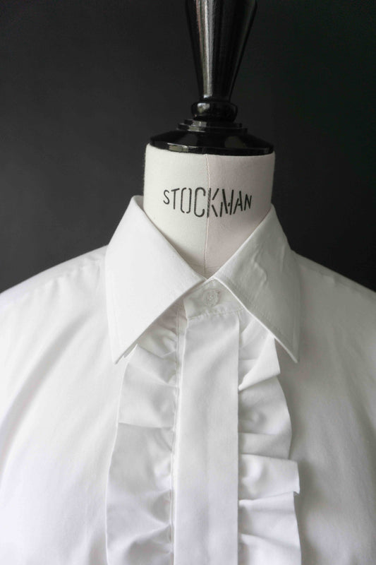 Vintage Smoking-Bluse weiß mit Rüschenkante und Manschetten