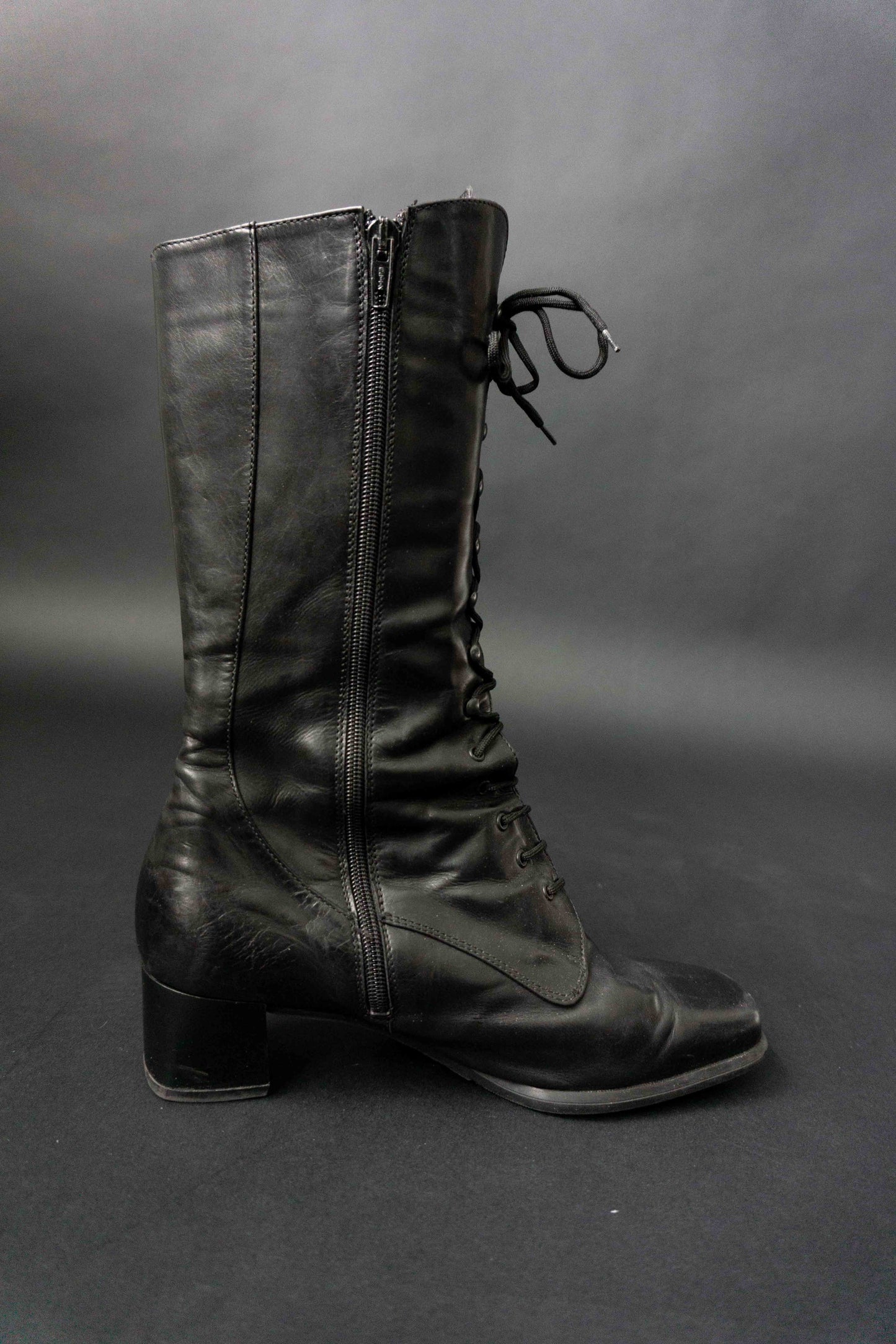 Schwarze Vintage-Lederstiefel 90er Jahre mit Schnürung und Blockabsatz, Größe 41