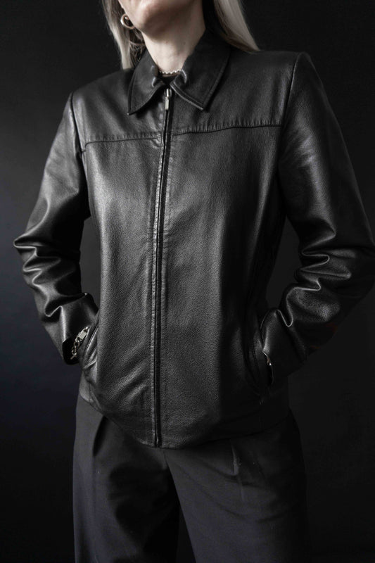 Vintage 90s Lederjacke Schwarz Silberner Zipper