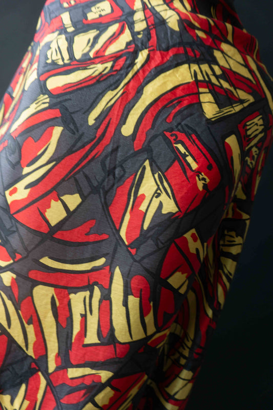 XXL Seidenschal abstraktes Muster in Grau, Gelb, Rot, Schwarz