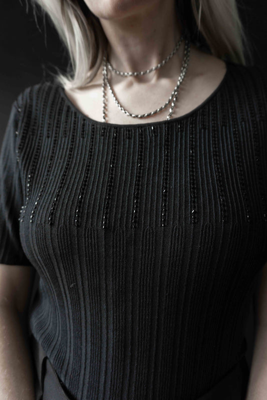 Vintage 90s Basic T-Shirt Schwarz Struktur Perlenstickerei