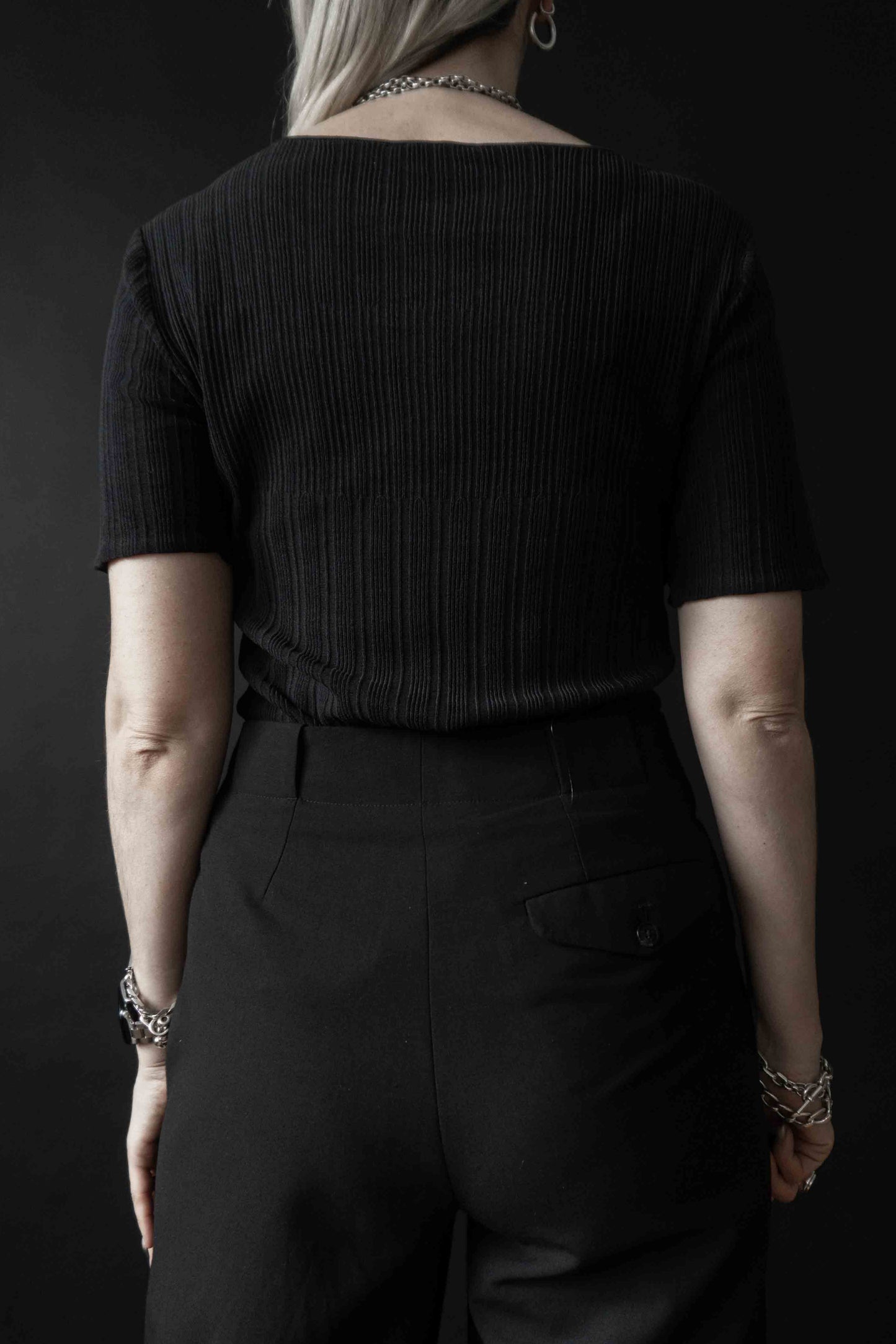 Vintage 90s Basic T-Shirt Schwarz Struktur Perlenstickerei