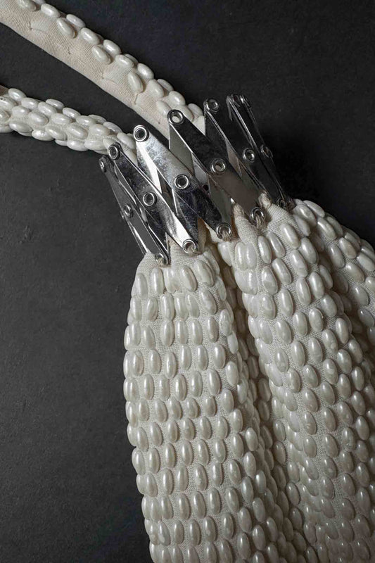 Beige Vintage Clutch mit Perlen und Akkordeon-Verschluss, 60er-Jahre