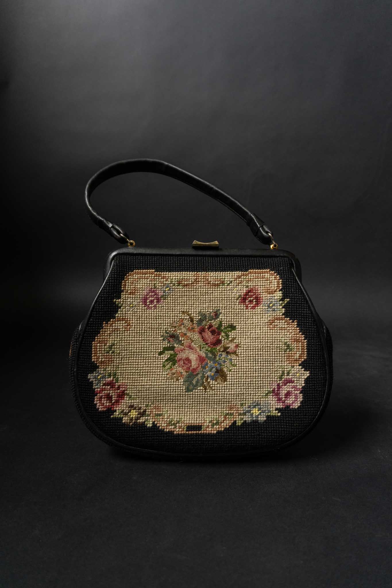Gobelin Vintage-Tasche mit Blumenmuster Echtleder Cottagecore