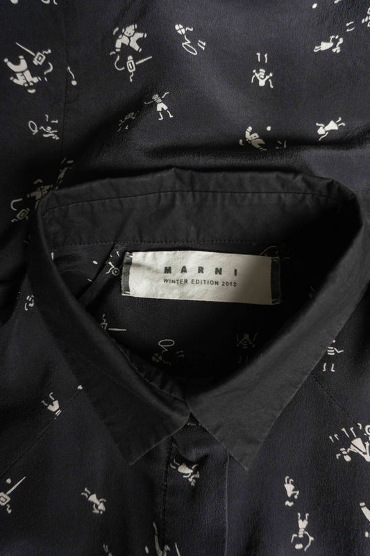 Vintage Seidenbluse Marnie dunkelblau mit Print und Rüschen