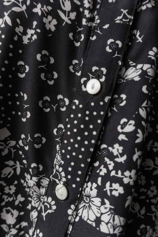 Vintage Langarmbluse mit Patchwork-Print und Blumenmuster in Schwarz-Weiß