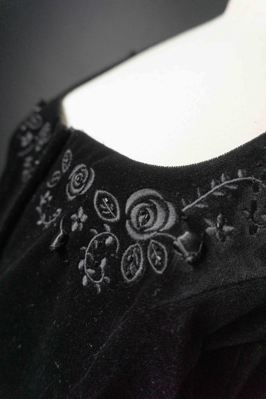 Laura Ashley Corsagentop Samt Schwarz Blüten Gothic