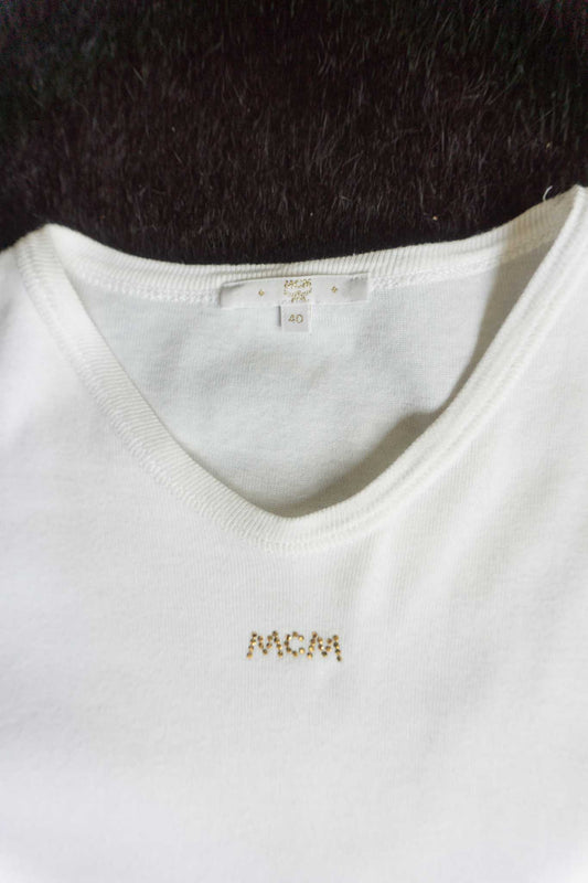 80s Vintage MCM T-Shirt mit goldenem Logo aus Strasssteinen – Weiß