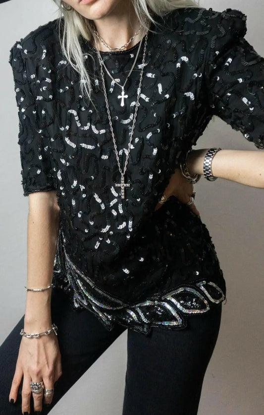 Bluse, Pailetten, S–M - theplaincircle vintage